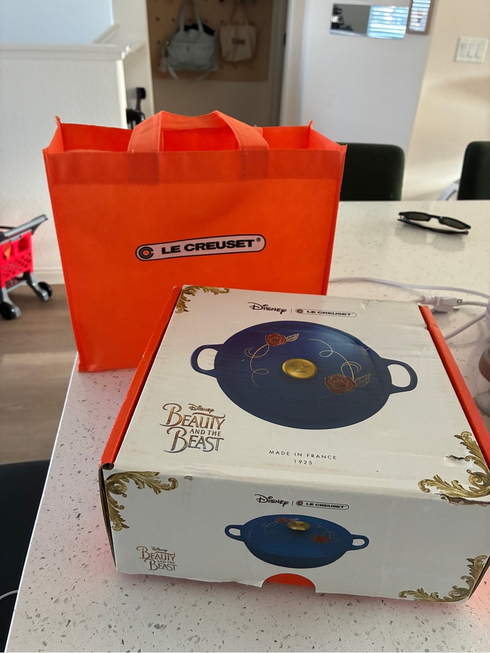 Le Creuset Beauty & The Beast Dutch Oven with bag. “Be Our Guest.”